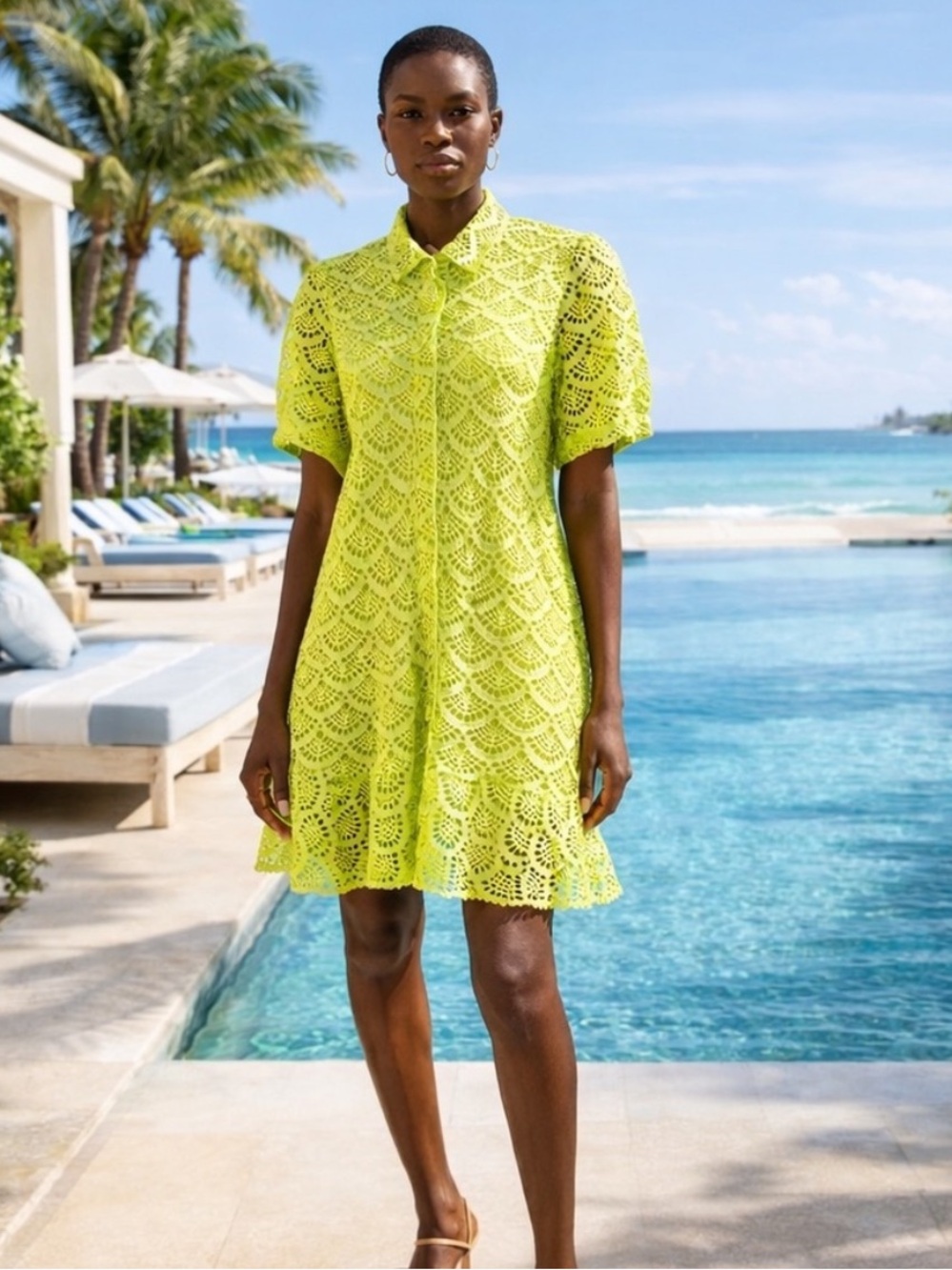 Tanya Taylor Green Cotton Crochet Eyelet Dress